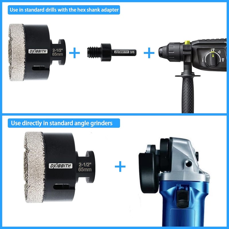 DKIBBITH 2-1/2'' Dry Diamond Hole Saw, 65mm Hole Saw Brazed Core BitGranite Tile Quartzite Marble Porcelain Ceramic Stones5/8-11 ThreadAngle Grinders and 3/8'' Hex ShankElectric Drills Black - Image 4